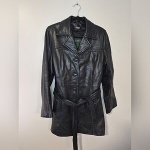 Danier Black Leather Coat With Tie Size 8-10